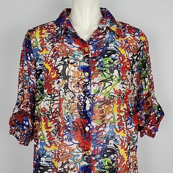Speed Limit MPH Longline Shirt Multi Color Print Semi Sheer Lightweight Size M/L - Picture 6 of 16
